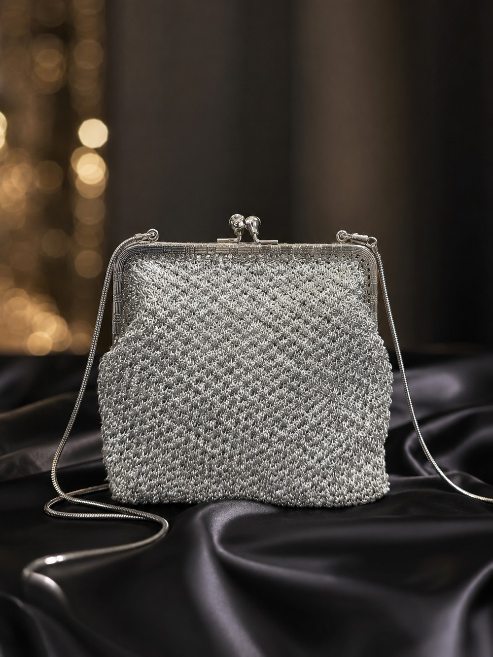 Silver Mesh Evening Crossbody Bag - Elegant Sparkle
